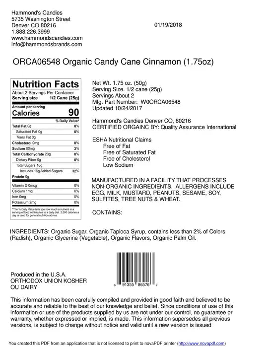 Organic Cinnamon Candy Cane 1.75oz